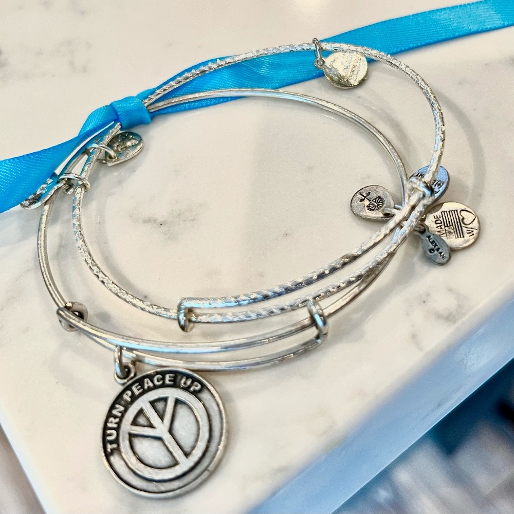 ALEX AND ANI Rafaelian silver bangle duo with vintage TURN PEACE UP logo charm